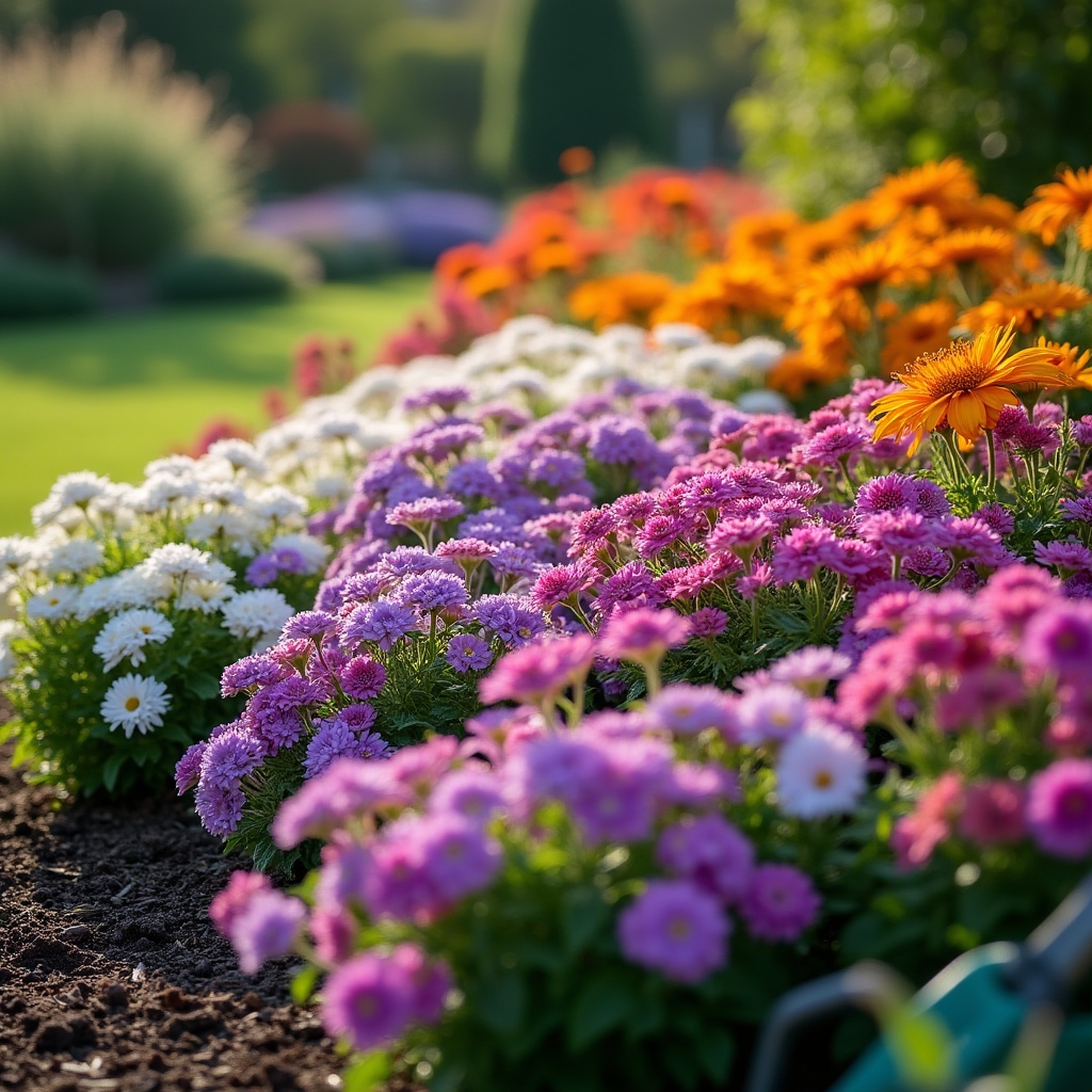 Massif fleuri avec vivaces et annuelles parfaitement désherbé
